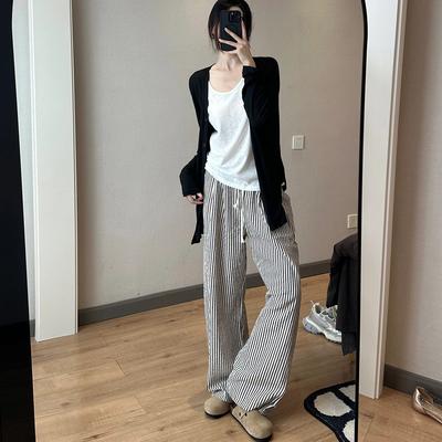 Pantaloni Larghi Casual a Strisce Verticali Bicolore, Vita Alta, Vestibilità Larga, Stile Pigro da Passeggio