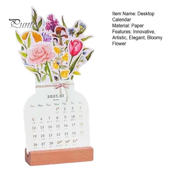 2025 Bloomy Flower Calendar Bloomy Flowers Desk Calendar with Wooden Base Daily Schedule Planner for Bookmark Postcard Wall Decoration