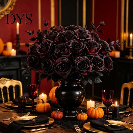 Centerpiece Floral Decor Realistic Silk Black Roses with Long Stems for Wedding Centerpieces, Halloween Home Artificial Flowers Weddings Decor,