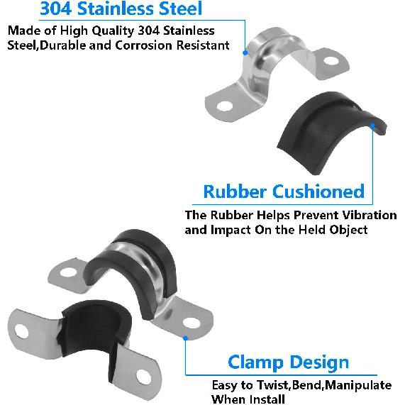 Rubber Cushioned U Clamps, U-Shaped Pipe Tube Wire Clamps, 15PCS (M38|1-1/2", Silver)