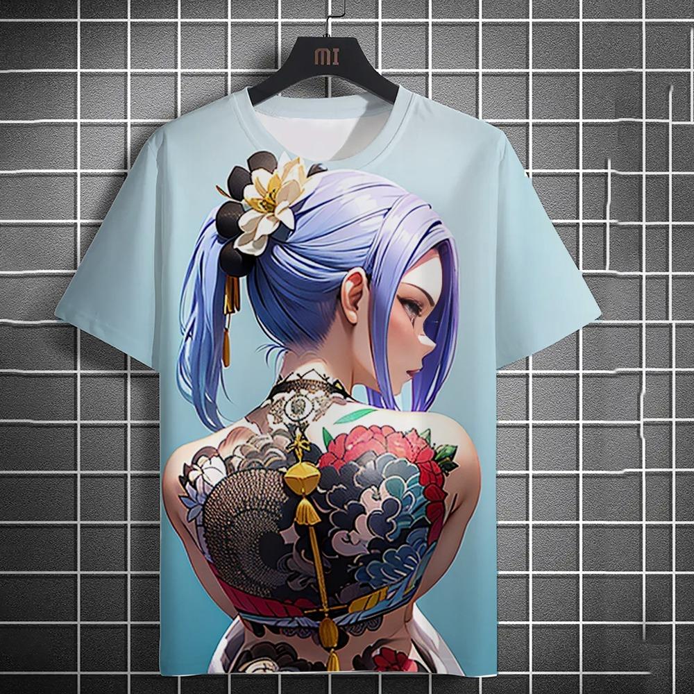Men's T-shirt 3D printed anime goddess back tattoo print T-shirt casual loose short sleeved T-shirt men's home clothing top