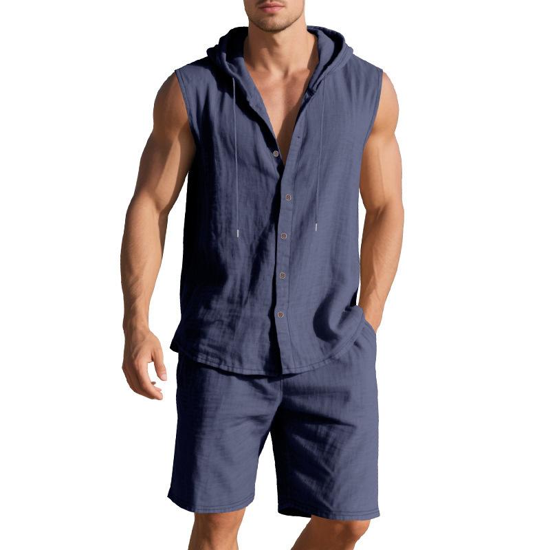 

Summer Men s Summer Loose Casual Simple Hooded Sleeveless Shirt Shorts Two-piece Set S темно-синий