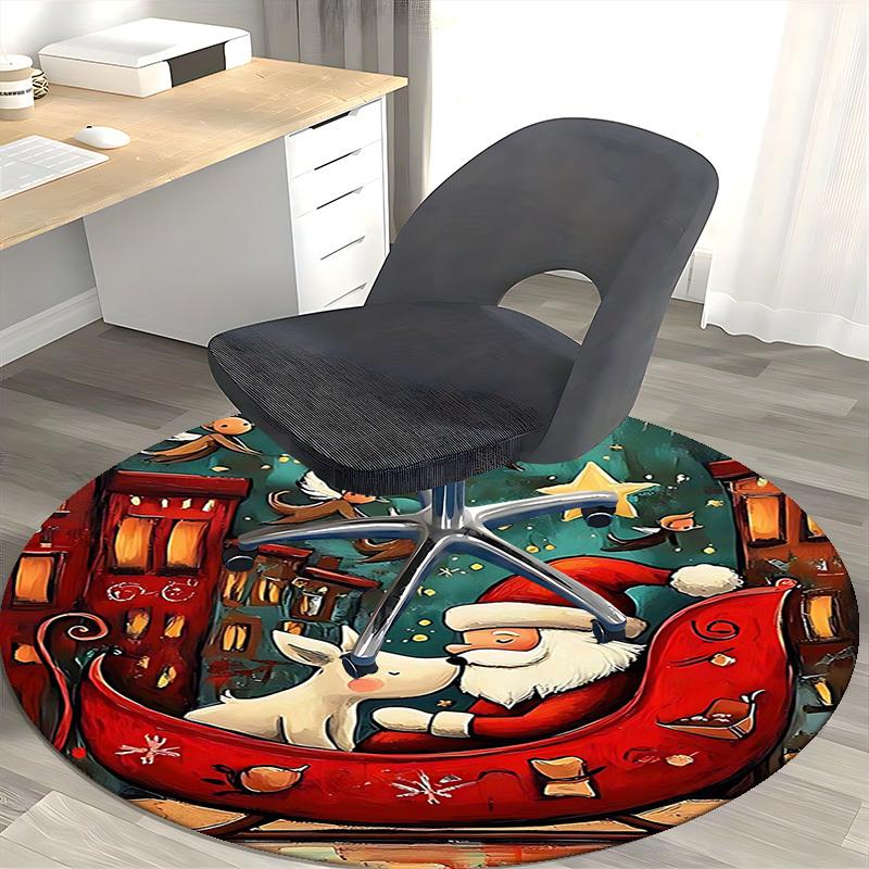 1pc Christmas Santa Claus and Reindeer Round Carpet Anime Design, Holiday Gift, Office Chair Mat, Home Decor, Living Room, Bedroom