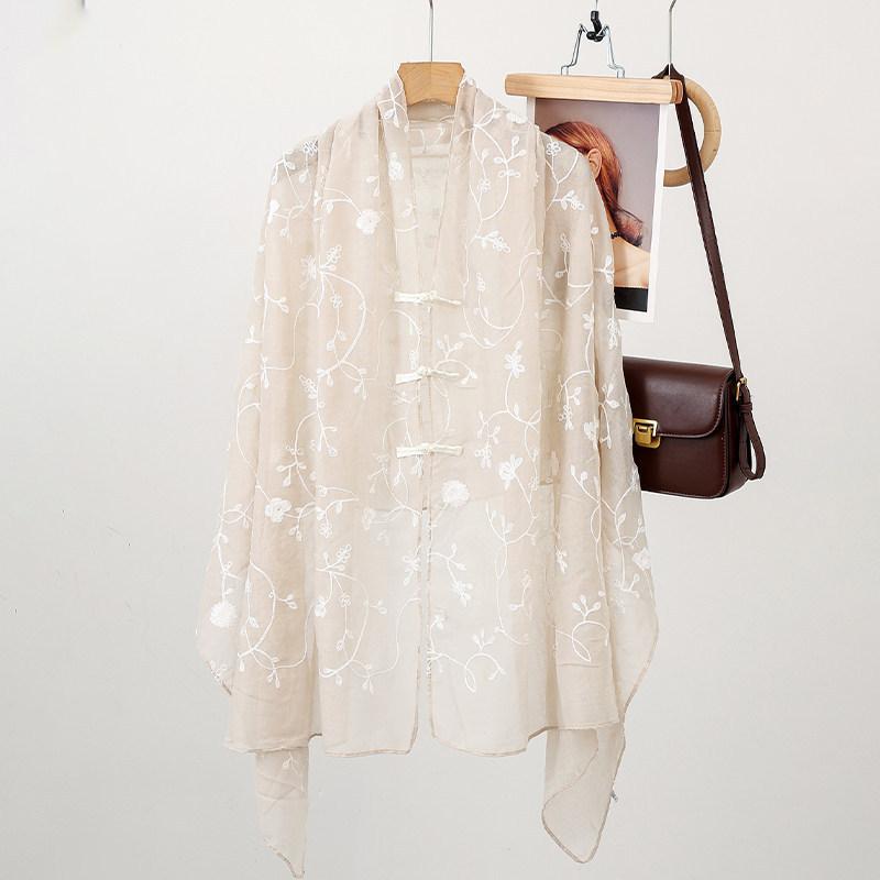 New Chinese ethnic style embroidered flower shawl antique buckle cardigan loose long women's cotton and linen travel scarf