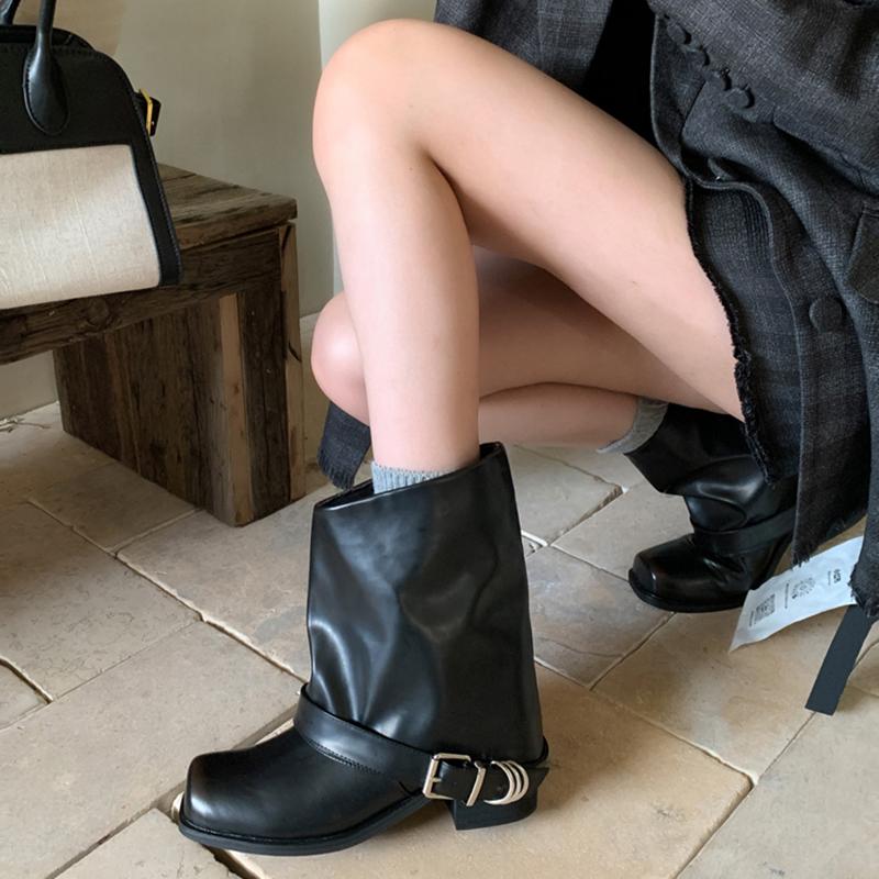Fashion Vintage Square Toe Women Western Cowgirl Fashion Belt Buckle Shoes Autumn Winter Thick Heel Women's Knight Short Booties
