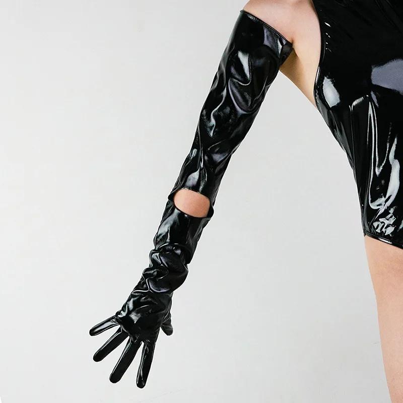 Extra Långa 70CM Lackläderhandskar Dam Ljus Svarta Simulerat Läder PU Varma Prestanda Fotografi Cosplay Gratis Frakt