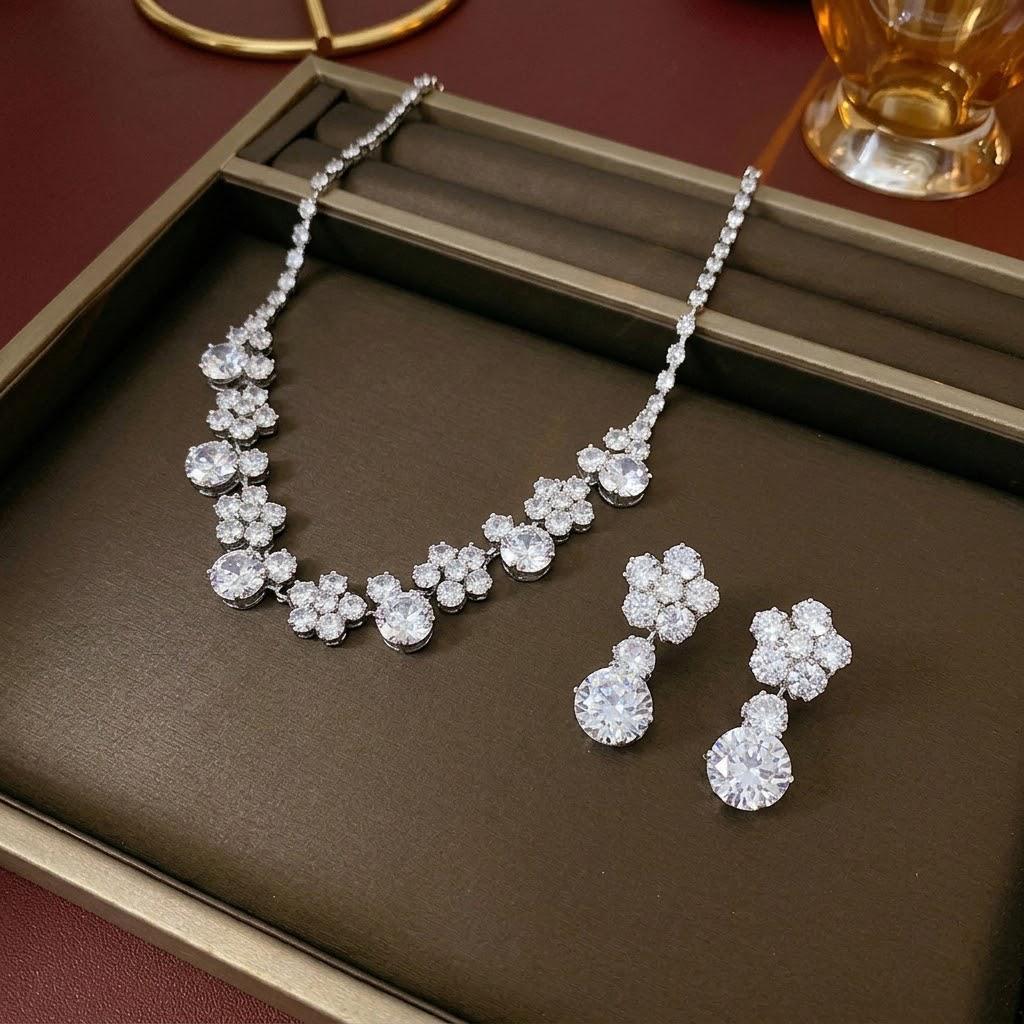 Fashionable Zircon Earrings & Necklace Set - Colorful Flower Design, Fresh Jewelry with Trendy Collarbone Chain