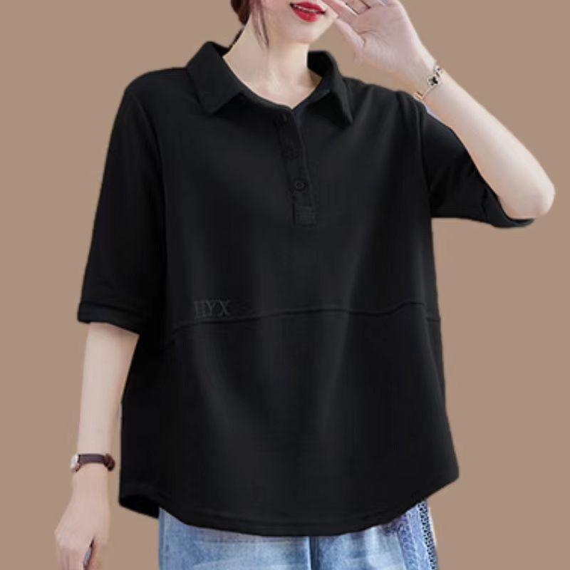 Damenbekleidung Sommer Einfache Casual Streetwear Übergroße Polokragen T-Shirts Einfarbig Kurzarmoberteile