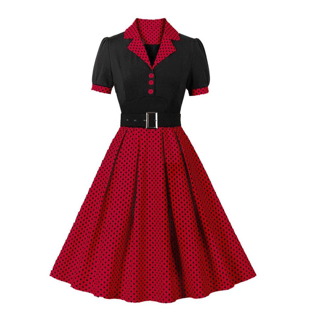 

Women’s Polka Dot Swing Dresses Lapel Buttons High Waist Belt Slim Fit Short Sleeves Summer Dress Office Work Casual Wear Vintage Outfit S червоний