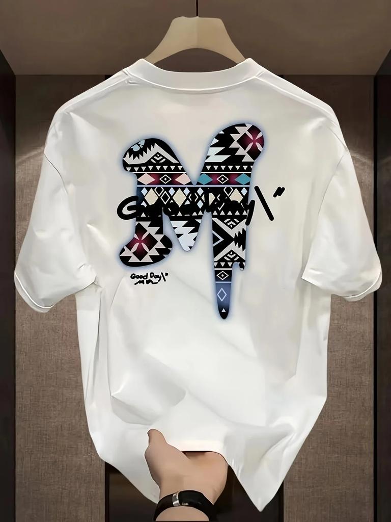 Men's Summer 100 Cotton Fashionable Casual Sports Loose Oversized Creative Letter M Printed Round Neck Short Sleeved T-shirt Top