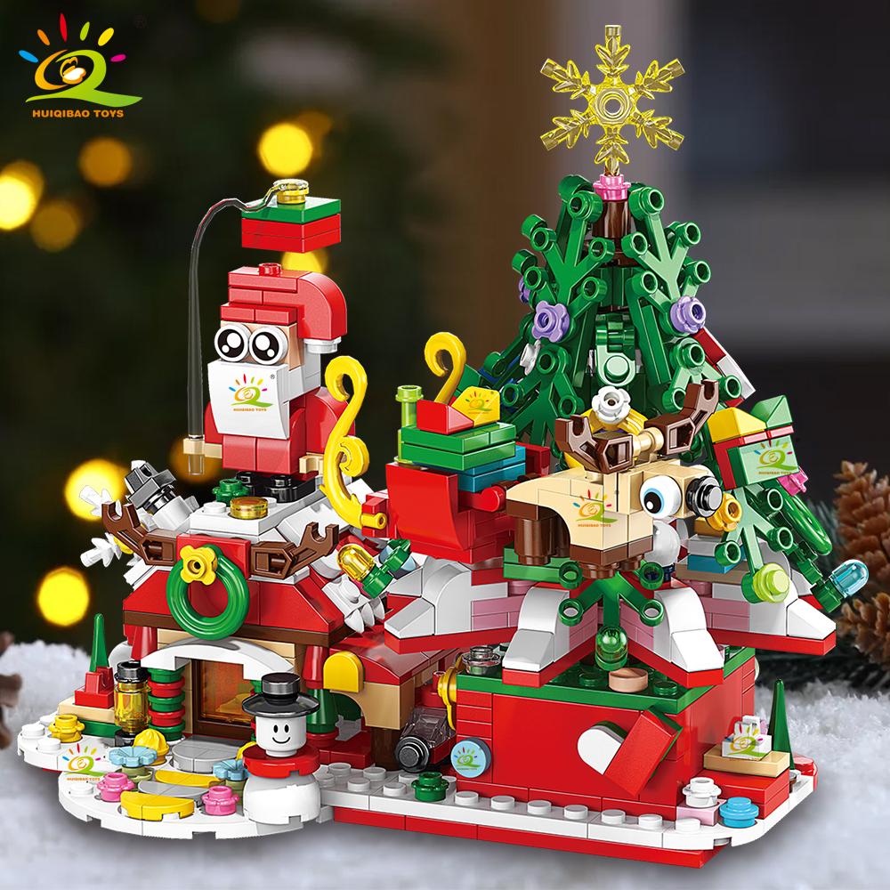 Non-Toxic 6In1 Christmas Tree Santa Claus Snowhouse Model Building Block Diy Elk Snowman Train Bricks Ornament Toys Adult Gift
