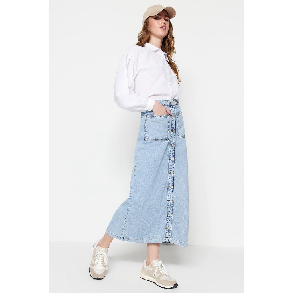 Dark Indigo Double Pocket High Waist Denim Denim Skirt Tctss23ee00002