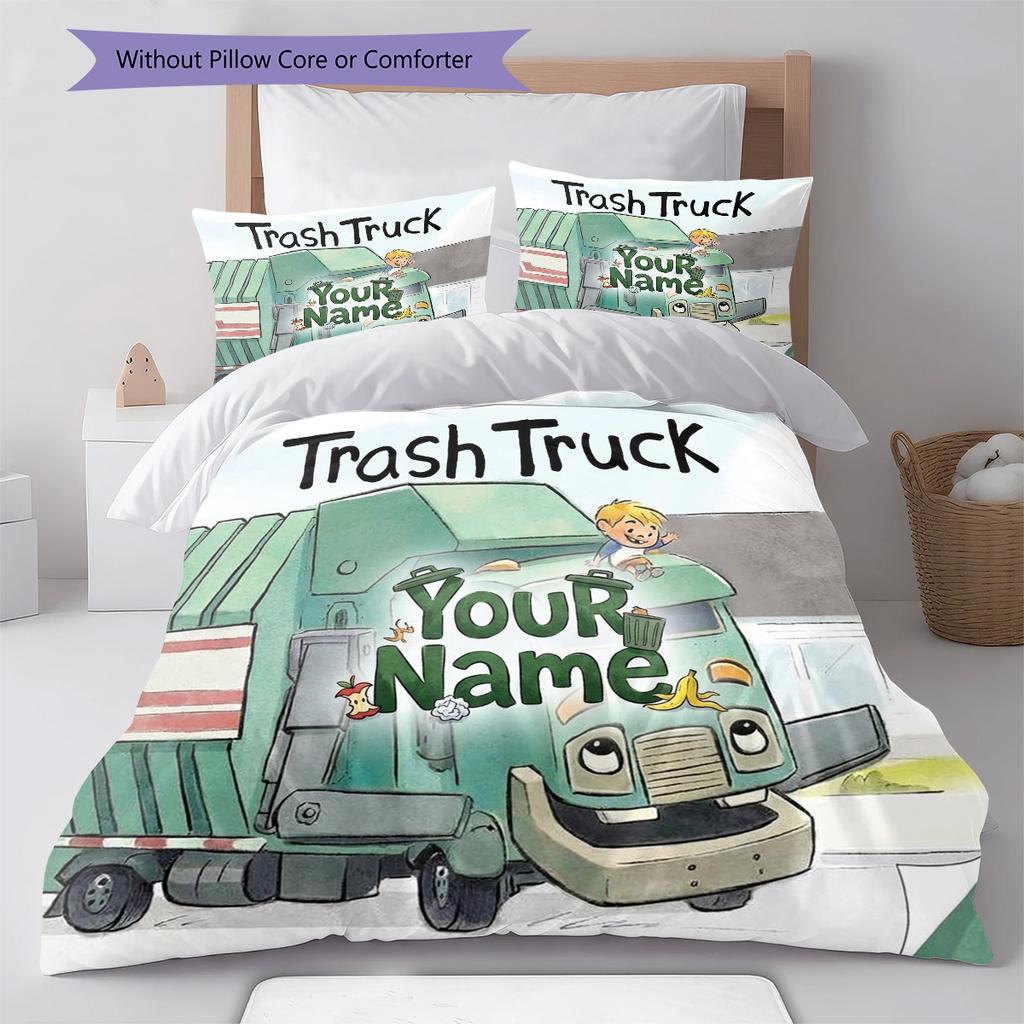 Müllwagen Abenteuer Individuelles Namensmuster Bettwäsche Steppdecke Set Bettbezug Kissenbezug Heim Geburtstagsgeschenk(1 Bettbezug + 2 Kissenbezüge, ohne Füllung)