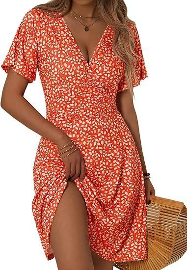 Summer Floral Short Sleeve Wrap V-Neck A Line Midi Dress