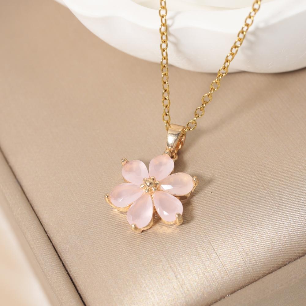 Women Cute Pink Flowers Pendant Stainless Steel Necklace