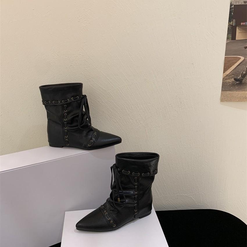 Inner heightening retro suede pile western cowboy short boots women's boots new spring and autumn pointed thin boots