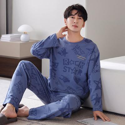 Pijama Erkek Bahar ve Sonbahar Pamuklu Uzun Kollu Bisiklet Yaka Günlük Mavi Sonbahar Ev Giyimi Büyük Beden Set
