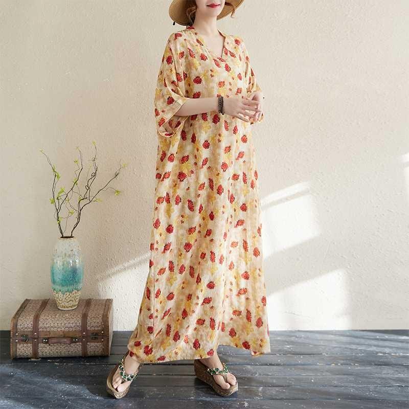 Real Shot Summer Color Vacation Style Travel V-neck Retro Long Dress Covering Meat Cotton and Linen Dress