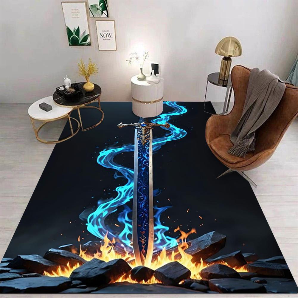 Fantasy Sword Dragon Phoenix Carpet With Glowing Sword Dragon Phoenix Flame Energy Designs Non Slip Rug For Living Room Decor