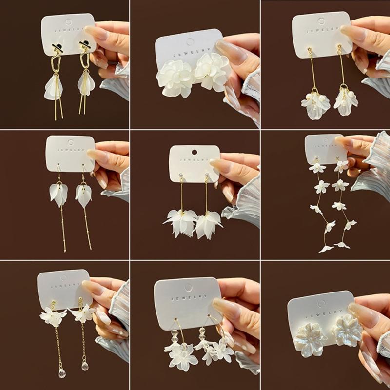 Fashion Trend White Acrylic Flower Drop Earrings Female Alloy Tassel Chain Pendant Earrings Korean Wedding Earrings