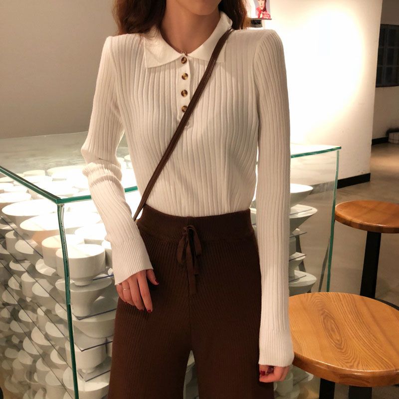 Damski Krótki Sweter z Długim Rękawem z Detalami Guzików na Wiosnę i Jesień - Kołnierzyk Polo, Miękki Styl, Odpowiedni jako Bielizna lub Odzież Wierzchnia