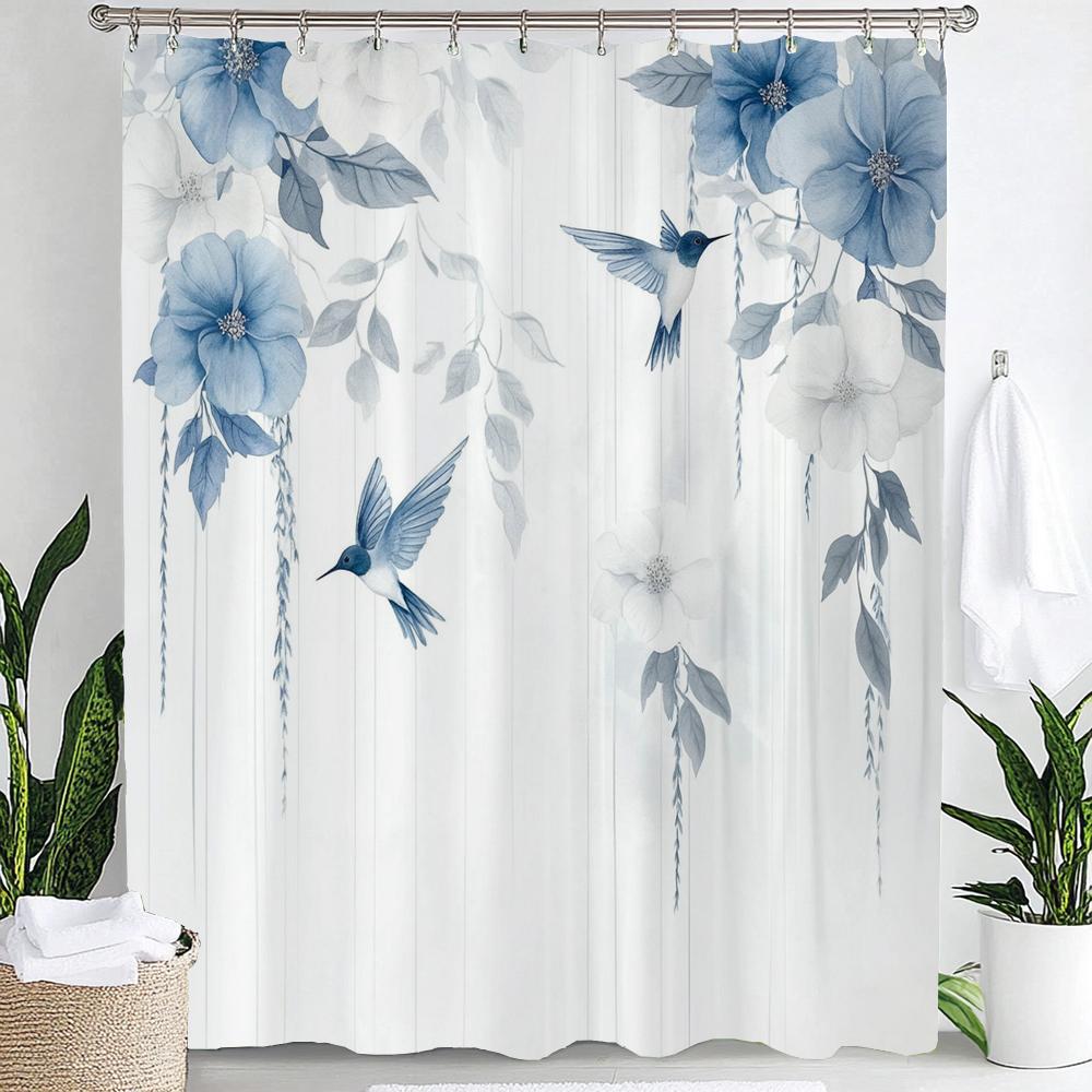 Blue Watercolor Plants Flower and Bird Print Waterproof Shower Curtain Partition Privacy Hanging Curtain with 12 Hooks Washable