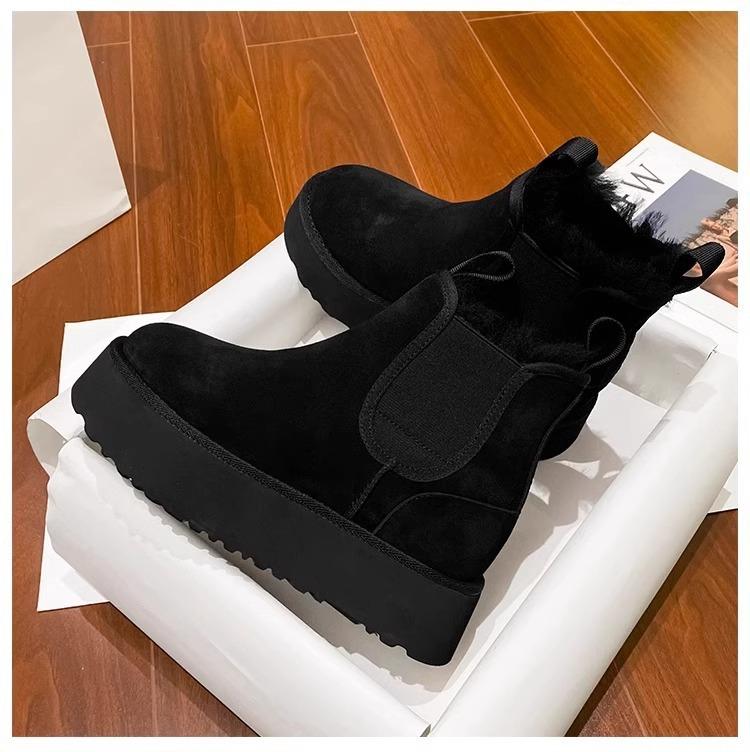 2025 autumn and winter thick soles heightened high heels piled thickened warm snow boots Korean version women's elastic cotton shoes muffin sole
