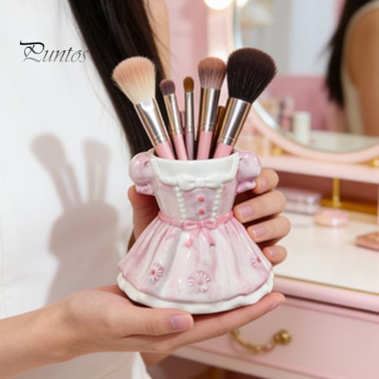 Multipurpose Storage Box Bow Dress Pencil Cup, Ceramic Desk Organizer, Cute Makeup Toothbrush Holder Brush for Girls Room, Office Gift Women Pen