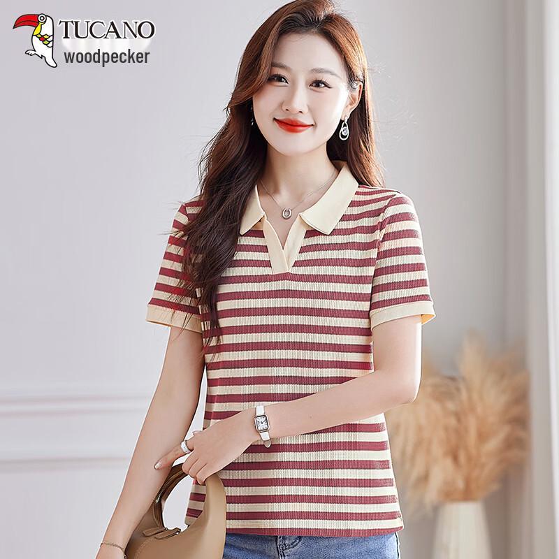 TUCANO Women s Waffle Stripe Seagull Collar Polo T-Shirt M
