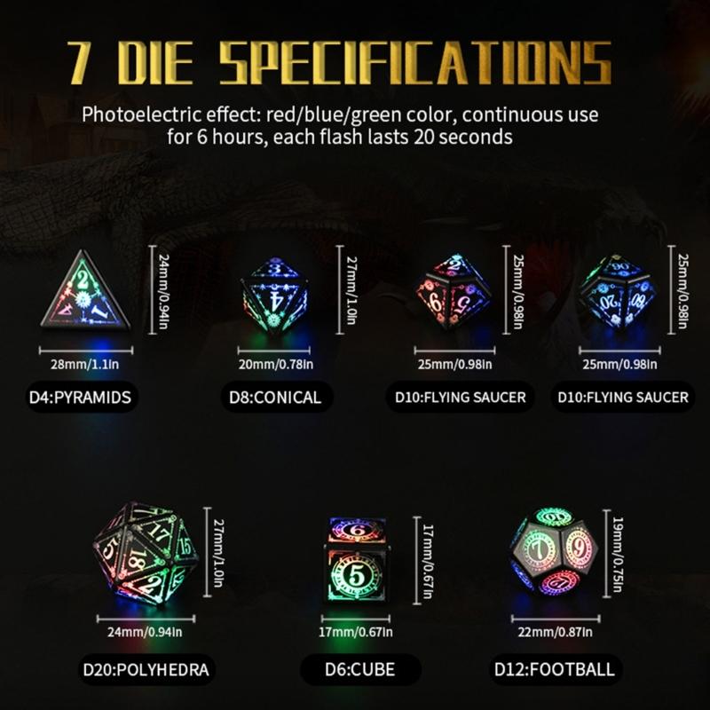 7Pcs Glowing Polyhedral Dices with Charging Box Rechargeable LED Colorful Light Electronic Dices for Role Playing Game