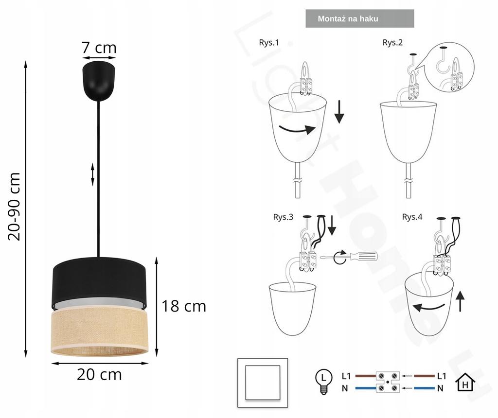 Hanging Lamp, Ceiling Chandelier, Lampshade 20Cm, Black