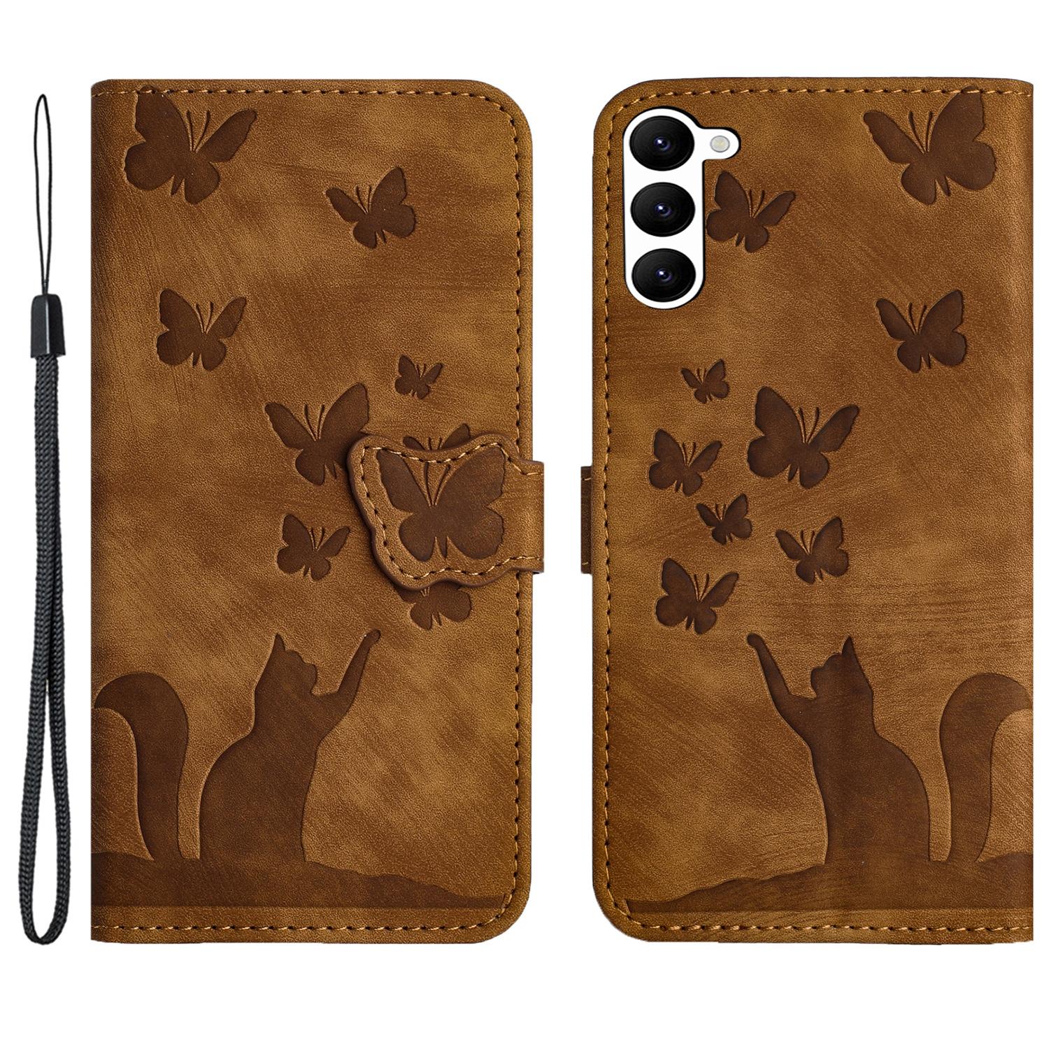 

For Samsung Galaxy S23 Case Butterfly Cat Imprinting Leather Folio Phone Cover Brown