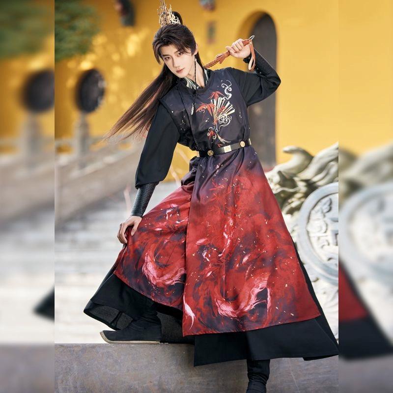Chinese Song Dynasty Style Hanfu For Men And Women Round Neck Robe, Daily Black And Red, Couple Suit
