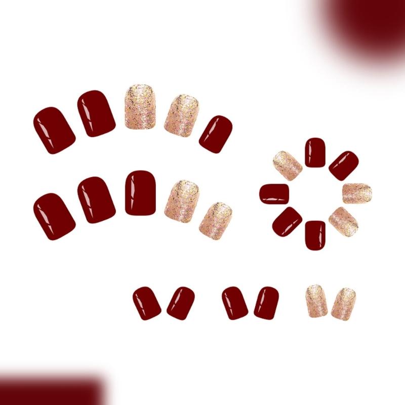 24Piece Glossy Bordeaux Shimmers Press On Nail Short Almond Shape for Winter Holiday Fake Nail Easy Application