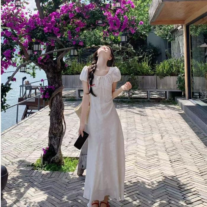 Summer waist temperament design senior sense gentle long dress French coffee break elegant jacquard short sleeve dress female tide