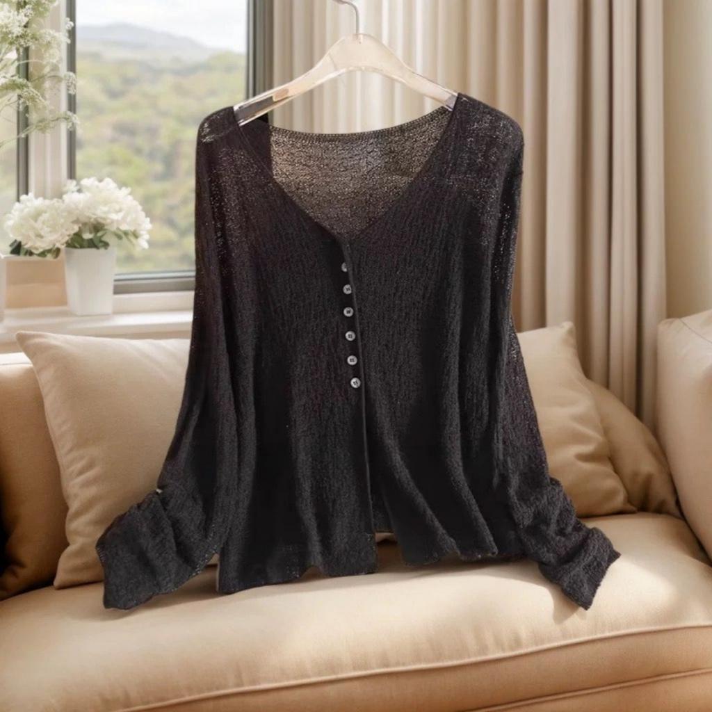 Fashionable Lightweight V-neck Cardigan - Transparent Summer Long Sleeved Shawl, Women's Casual Sexy Style, Elegant Cardigan