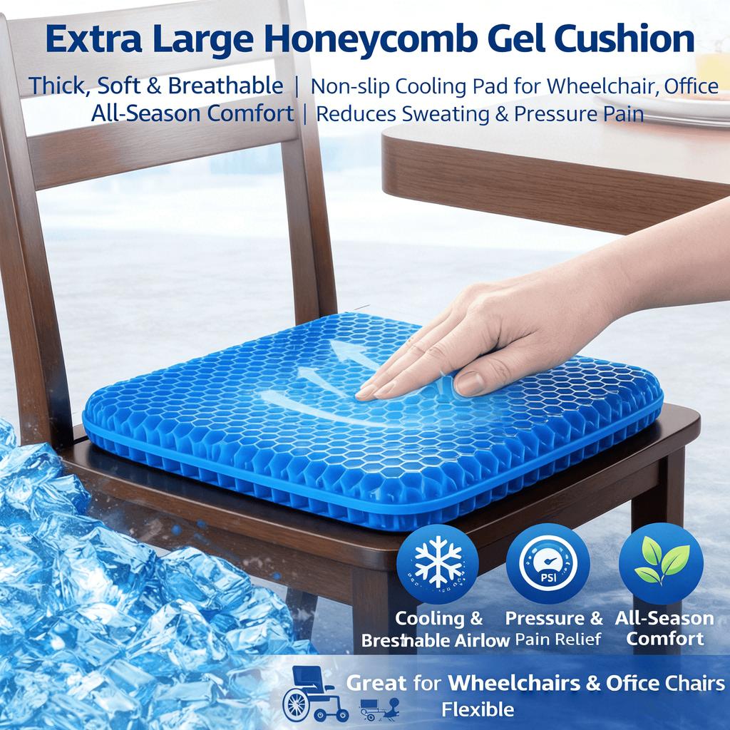 Extra Large Gel Honeycomb Seat Cushion - Thickened, Soft, Breathable, Non-Slip, Cooling Pad, Suitable for Wheelchairs, Office