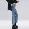 Elastic Straight Jeans Contrasting Pocket Design Leather Brand High Waist Nine Points Pear Shape Slim Commuter Pipe Pants Children