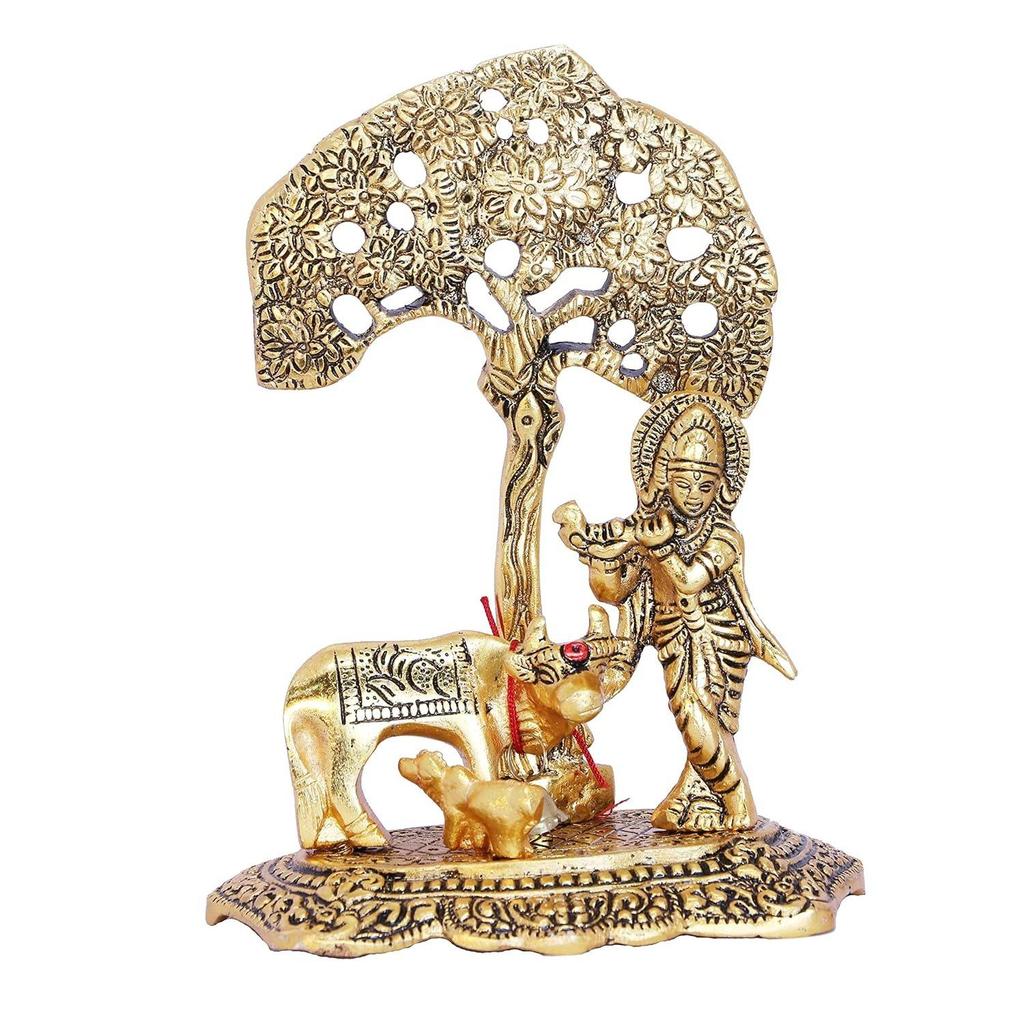 Home Decor & Gifts Metal Krishna With Cow Standing Under Tree Plying Flute (Gold, 12.5X8X16Cm), 1 Piece, figures;Religious
