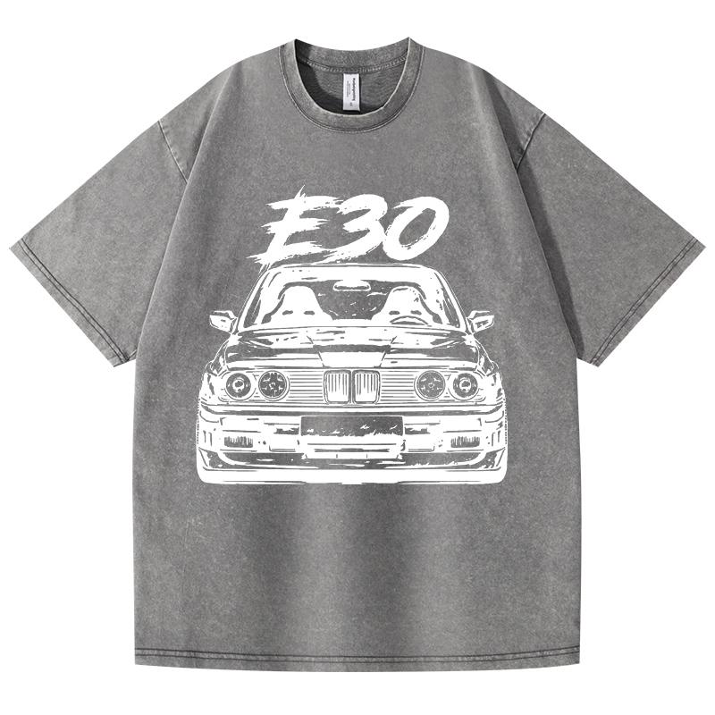 Retro Vasket Vintage T-skjorte E30 Bil 100% Bomull T-skjorte Fleece Tykk Varm Dame Herre Hip Hop Trykket Rund hals T-skjorte