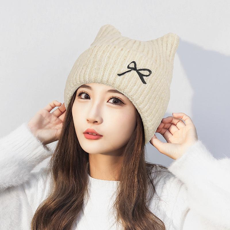 Winter Bow Cat Ear Knitted Wool Hat Women's Warm Ear Protection Hat