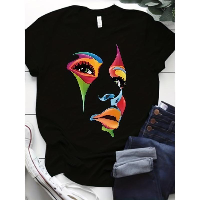 European Size Plus Size Casual T-shirt, Women's Plus Colorful Figure Print Short Sleeve Round Neck T-shirt