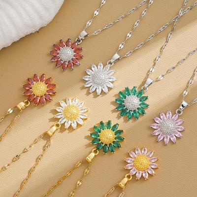 European Luxury Sunflower Titanium Steel Necklace with Zircon Inlay - Fashionable & Versatile for Women
