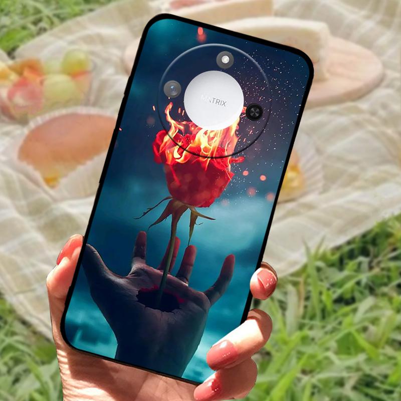 For Huawei Honor X60 Case Flowers Painted Cover Black Silicone Soft TPU Phone Case For Honor X60 Protective Shell Bumper
