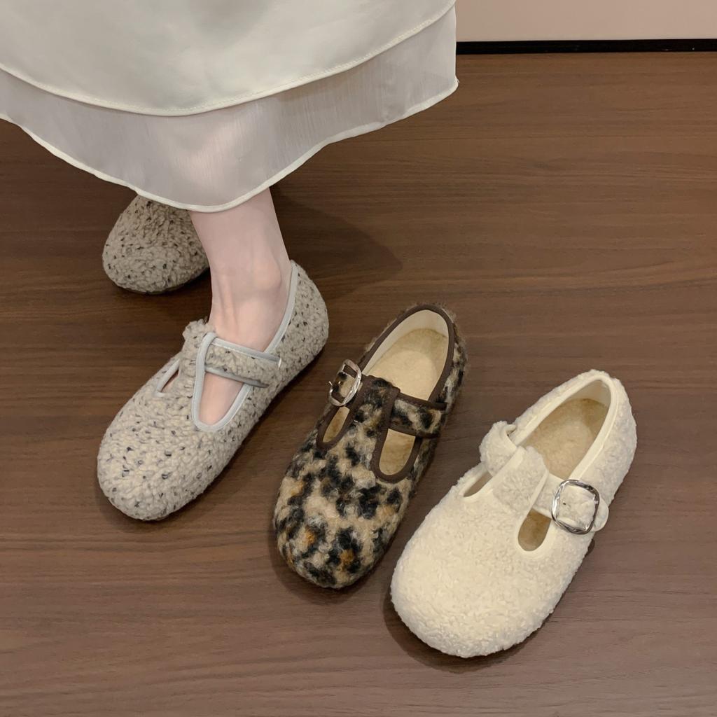Gentle wind gray fluffy shoes outer wear year season flat soft sole velvet cotton Mary Jane shoes
