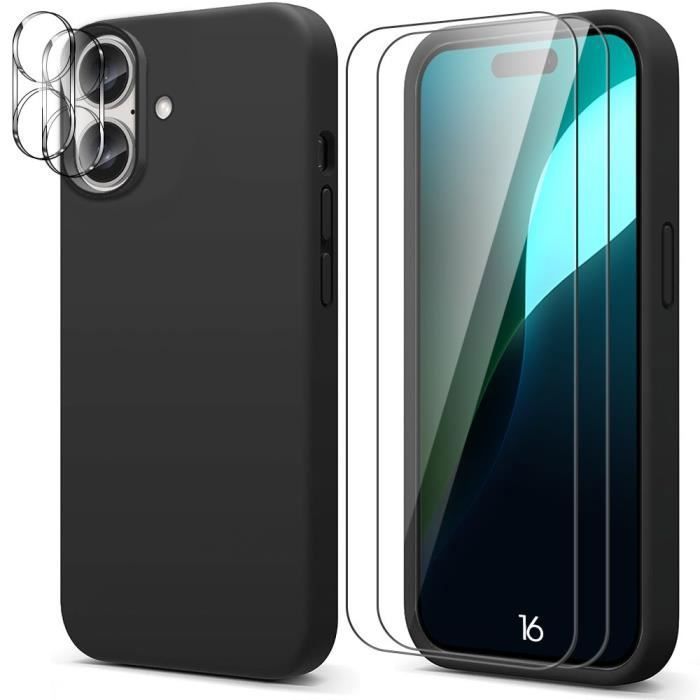 Protective Case - BOOLING - for iPhone 16 - Black Silicone - 2 Tempered Glass - Anti-scratch