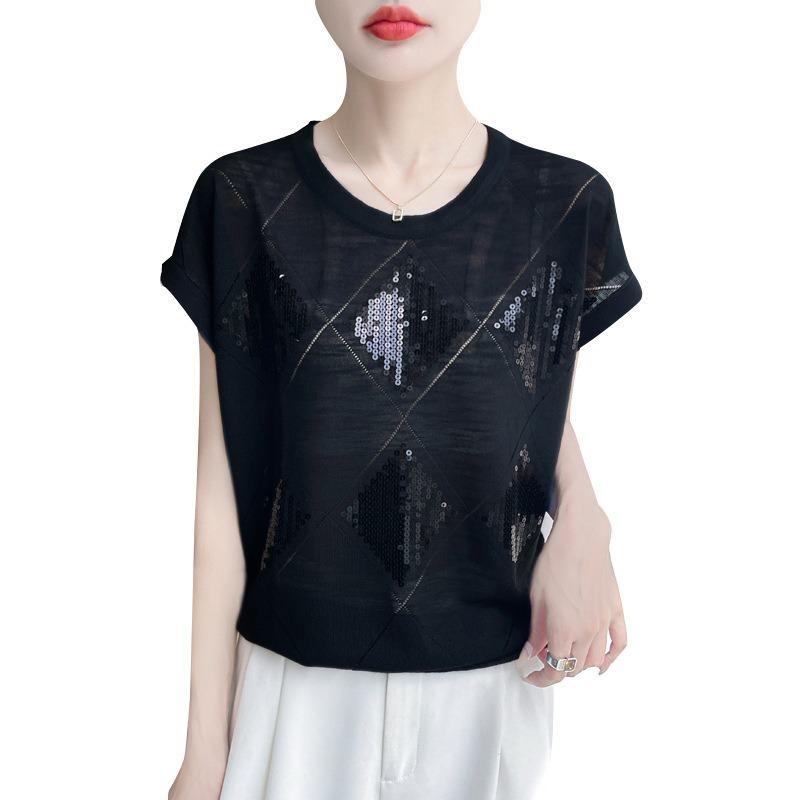 Summer New Round Neck Sequined Knitted Short-sleeved T-shirt Thin Ice Silk Shirt Top for Women