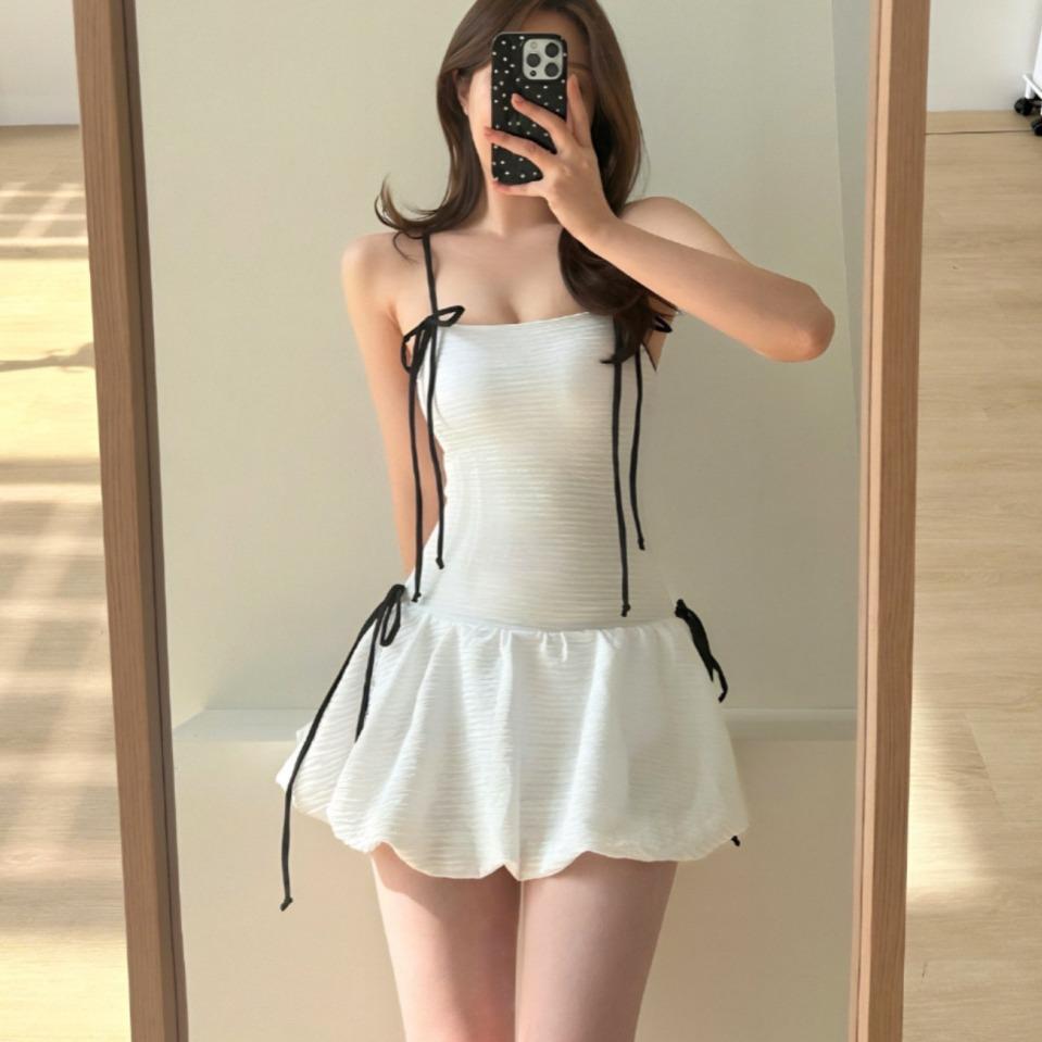 Cute Less Pure Desire Small Fragrance Simple Conservative Skirt Small Chest One-piece Swimsuit Swimsuit