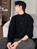 High Neck Solid Color Men's Sweater - Irregular Button Design, Youthful Loose Fit Knitwear