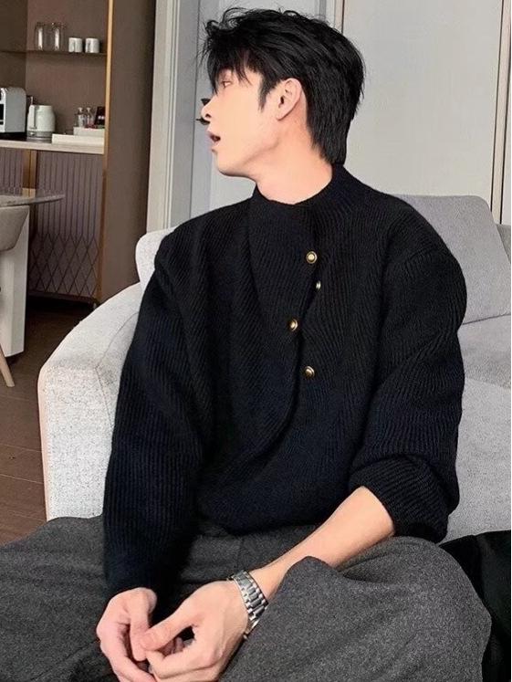 High Neck Solid Color Men's Sweater - Irregular Button Design, Youthful Loose Fit Knitwear